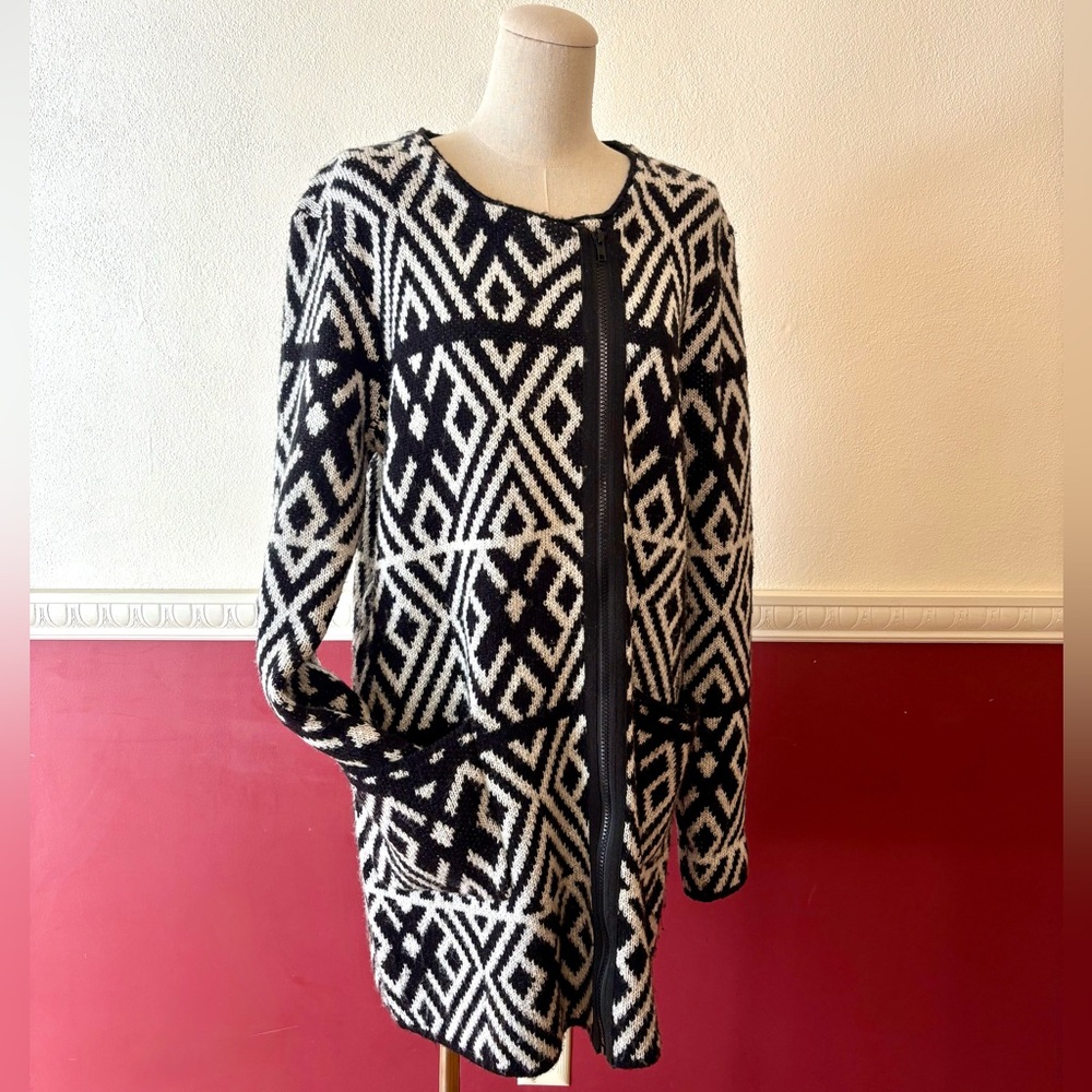 Charlie Paige Aztec print asymmetrical zip long cardigan sweater